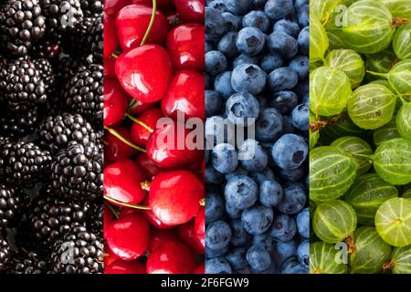 Background of blackberry, cherry, blueberry and gooseberry. Top view. Сollage of different berries and fruits. background of colorful berries. Immunit Stock Photo