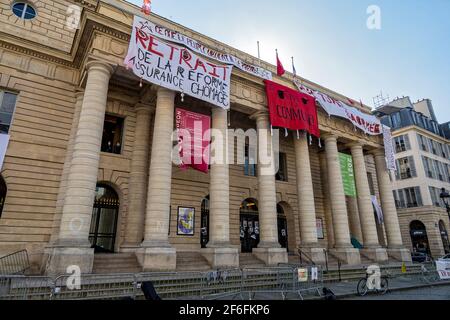 Paris, France. 19th Mar, 2021. Occupation of the Odéon theater by artists to demand the reopening of cultural places in France on March 19, 2021 Stock Photo