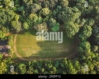 Aerial View of empty field with trim path  in a dense forest Stock Photo