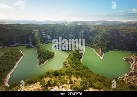 Meanders of the Uvac River, Serbia. Beautiful summer top view of the Uvac River canyon meanders, Serbia Stock Photo