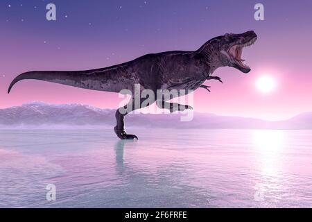 tyrannosaurus rex is running on ice age, 3d illustration Stock Photo - Alamy