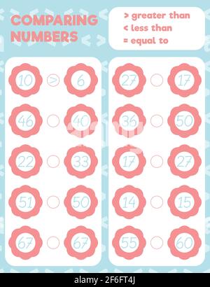 Comparing numbers worksheet practice print sheet. Vector illustration. Stock Vector