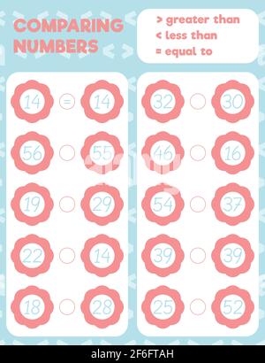 Comparing numbers worksheet practice print sheet. Vector illustration. Stock Vector