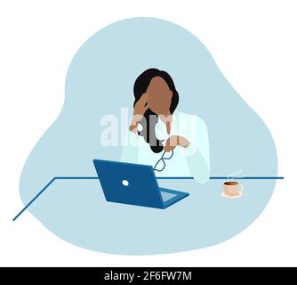Vector of an exhausted tired businesswoman in office sitting at desk feeling depressed Stock Vector