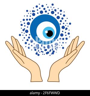 illustration of mystical goddess hands,evil eye, celestial symbols of moon phase. Esoteric, spiritual, wicca occult inspired concept Stock Vector