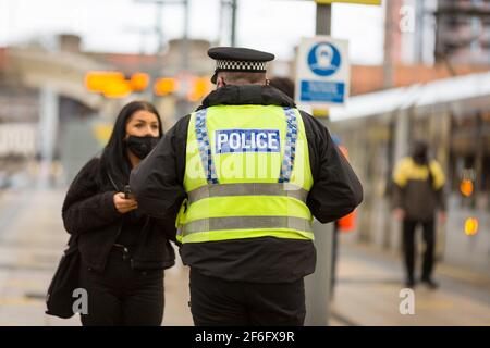PICTURE BY CHRIS BULL FOR TFGM 17/2/21  TravelSafe Partnership day of action at Manchester Victoria Station. Police patrol during the Covid19 pandemic.  www.chrisbullphotographer.com Stock Photo