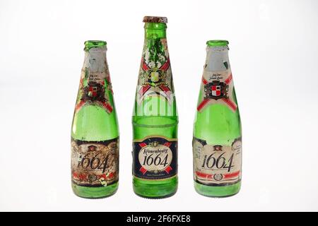 Old beer bottles with corroded label Stock Photo