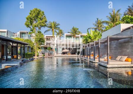 Phuket, Thailand - March 15 2015: Private pool villas at the Aleenta Phuket Resort and Spa Hotel during night time Stock Photo