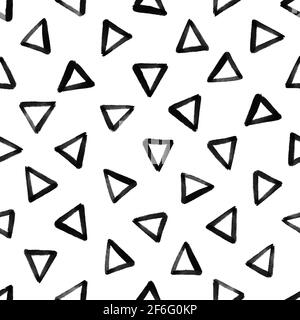 Abstract messy triangle monochrome seamless pattern. Hand drawn grunge brush sign black and white vector illustration. Stock Vector