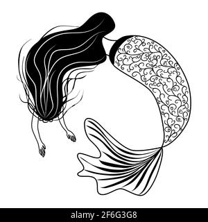 Beautiful mermaid in zentangle style, patterned mermaid tail, anti stress coloring book for adults Stock Vector