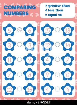 Comparing numbers worksheet practice print sheet. Vector illustration. Stock Vector