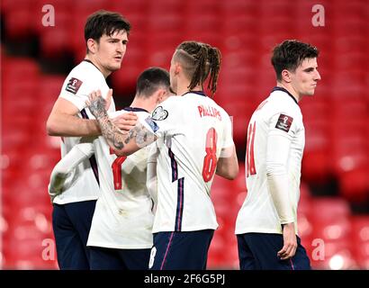 England's Harry Maguire celebrates scoring their side's second goal of the game during the 2022 FIFA World Cup Qualifying match at Wembley Stadium, London. Picture date: Wednesday March 31, 2021. Stock Photo