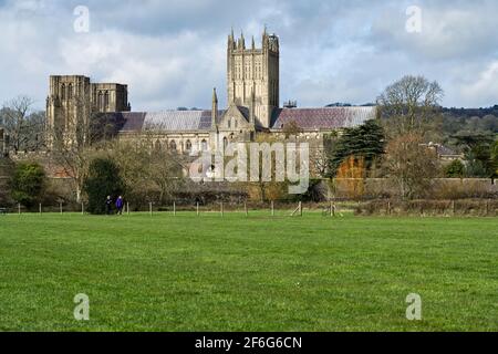 View of Wells Cathedral from Bishop's Palace fields Stock Photo