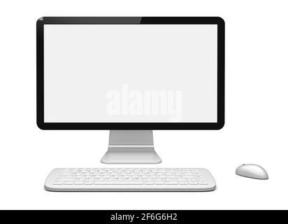 Desktop pc computer with large wide monitor, keyboard and mouse, and a blank screen. Isolated on white. 3d rendered image Stock Photo