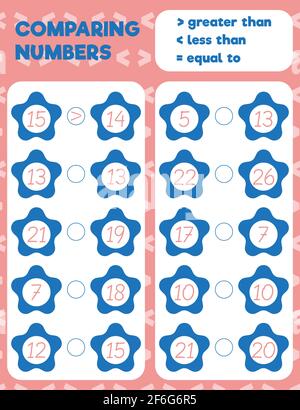 Comparing numbers worksheet practice print sheet. Vector illustration. Stock Vector
