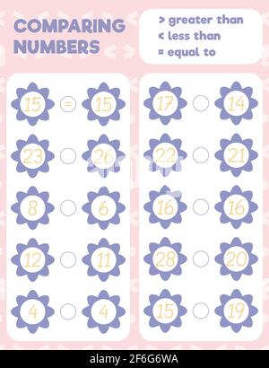 Comparing numbers worksheet practice print sheet. Vector illustration. Stock Vector