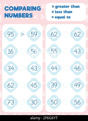 Comparing numbers worksheet practice print sheet. Vector illustration. Stock Vector