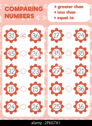 Comparing numbers worksheet practice print sheet. Vector illustration. Stock Vector