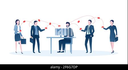 Vector of a businessman sitting at desk managing company communication via emails Stock Vector