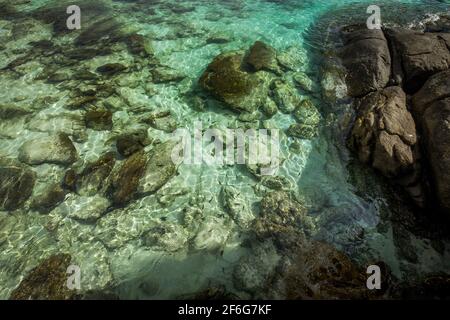 Rocks seen through clear water in Koh Racha Yai Island, Phi Phi Islands, Thailand. Stock Photo
