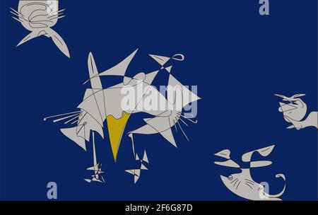 Vector colorful line art. Geometric illusion of unreal living creatures in the sky. Abstract modern cubist cartoon background art of opposite colors. Stock Photo