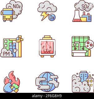 Air pollution RGB color icons set Stock Vector