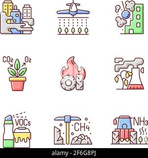 Air pollution RGB color icons set Stock Vector