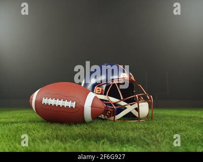 3D rendering of American football player's helmet and ball placed on grass field Stock Photo