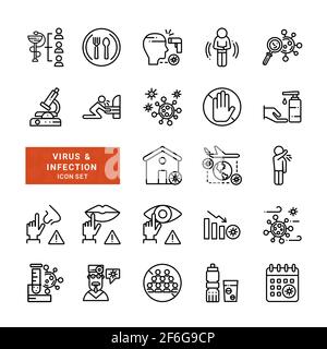 Simple set of virus protection vector line icons. Include such icons as incubation period, infection, symptoms and more. Stock Vector
