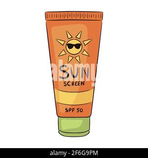 Sunscreen tube orange, yellow and green vector icon. Flat design cartoon style colorful tube of sunscreen. Sun protection factor SPF. Sun cream with uv protection..Vector illustration isolated on white background Stock Vector