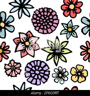 Flowers. Seamless illustration. Cartoon style sketch of meadow. Hand outline drawing plants. vector Stock Vector
