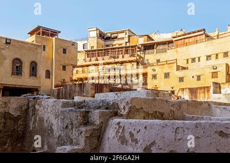 colorful dye vats at Chouara Tannery in Fez Morocco Stock Photo