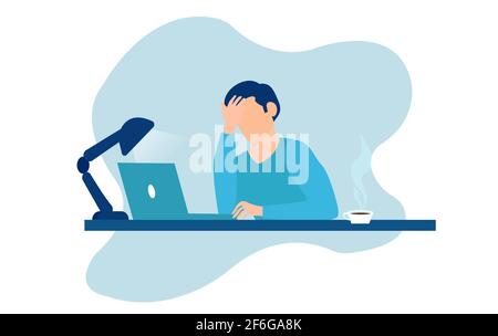 Vector of stressed tired young man sitting at table working on laptop computer Stock Vector