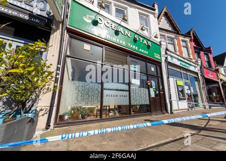 Crime scene in Westcliff on Sea, Essex, UK. A male, Thomas Roberts, 41, of Genesta Road, was charged with causing actual bodily harm. During lockdown Stock Photo