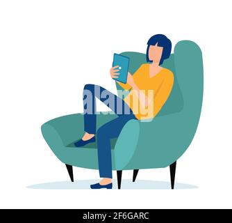 Vector of a young casual woman sitting in armchair using tablet computer isolated on white background Stock Vector