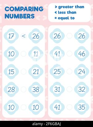 Comparing numbers worksheet practice print sheet. Vector illustration. Stock Vector