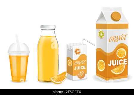 Orange juice packaging container mockup set, vector illustration. Glass bottle, plastic cup, carton pack templates Stock Vector