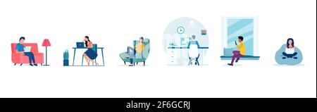 Vector of young people working at home, man and woman freelancing using laptops and computers Stock Vector