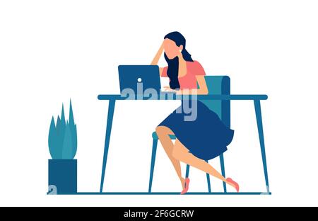 Vector of a stressed business woman sitting at desk working on computer Stock Vector