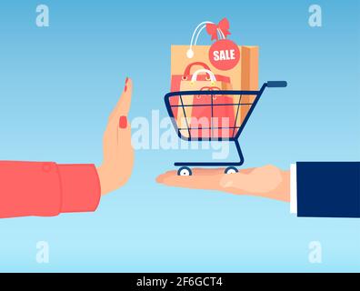 Vector of a woman hand with stop gesture rejecting shopping bags with products on sale Stock Vector
