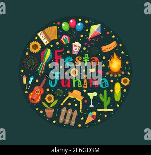 Festa Junina set of icons in a round shape. Brazilian Latin American festival collection of design elements with traditional symbols. Vector Stock Vector