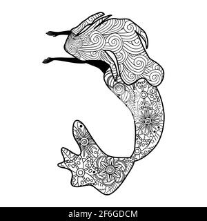 Beautiful mermaid in zentangle style, patterned mermaid tail, anti stress coloring book for adults Stock Vector