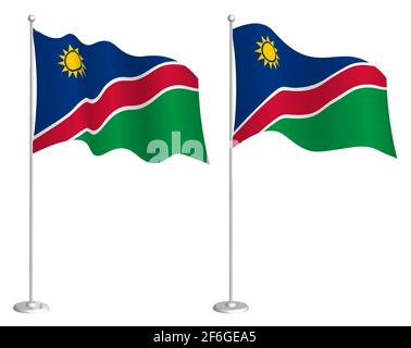 flag of Namibia on flagpole waving in wind. Holiday design element. Checkpoint for map symbols. Isolated vector on white background Stock Vector