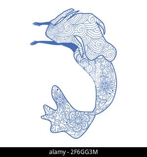 Beautiful mermaid in zentangle style, patterned mermaid tail, anti stress coloring book for adults Stock Vector