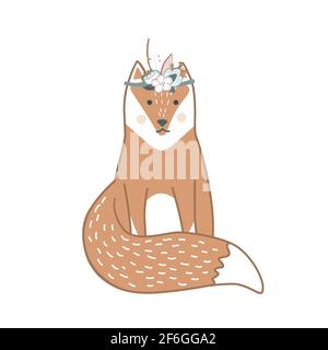 Cute wild fox in the flower wreath hand drawn in Scandinavian style. Vector illustration isolated on white. Animal wildlife. Swedish art for poster Stock Vector