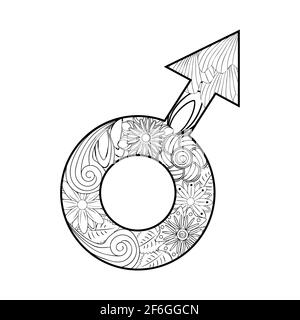 Beautifull Mars sign, man, zentangle, flowers for coloring book for adults drawn in zentangle style Stock Vector