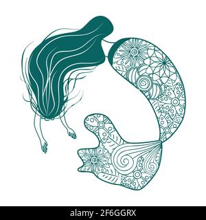 Beautiful mermaid in zentangle style, patterned mermaid tail, anti stress coloring book for adults Stock Vector