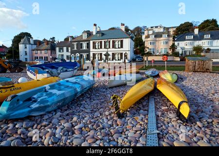 Colourful Boats on Pebble Beach, Budleigh Salterton, East Devon. England, UK Stock Photo