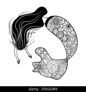 Beautiful mermaid in zentangle style, patterned mermaid tail, anti stress coloring book for adults Stock Vector