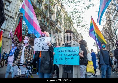 Barcelona, Spain. 31st Mar, 2021. Protesters hold placards during the demonstration. On the International Transgender Day of Visibility, groups and collectives of transgender struggle were on the streets of Barcelona to vindicate trans rights and to protest against transphobia and discrimination. (Photo by Thiago Prudencio/SOPA Images/Sipa USA) Credit: Sipa USA/Alamy Live News Stock Photo